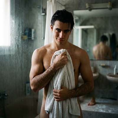 Fresh from the shower, droplets glistening on sculpted skin. Every angle is pure art. #malebeauty #bath #wet