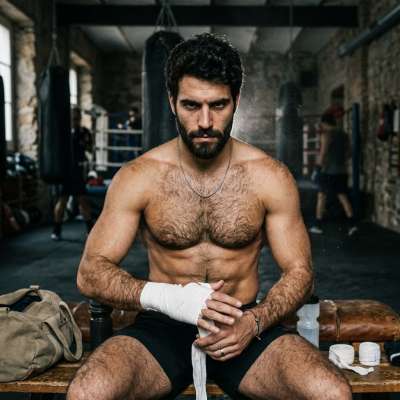 Glowing under the Spanish sun, this athletic Adonis wraps his hands with raw, virile grace. Every muscle, every hair—pure...