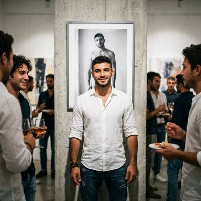Elegance meets raw beauty at the art show opening. Witness the perfect blend of art and masculinity. #malebeauty #artgallery