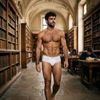 Every curve, every step—pure art. A masterpiece strolling through history. 🏛️🔥 #library #underwear