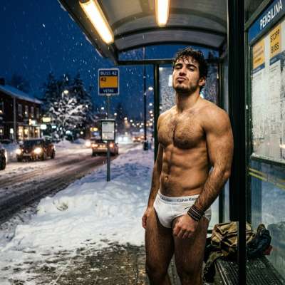 Every snowflake kisses his skin, turning the bus stop into a runway. Nature’s boldest muse. #snow #street #underwear