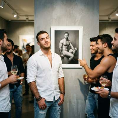 Every body tells a story. Tonight, art and desire collide as this stunning model stands beside his own nude portrait. Beauty...