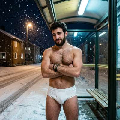 Every snowflake kisses his bare skin, turning the street into a runway. Pure winter magic. 🏳️‍🌈 #snow #street #underwear