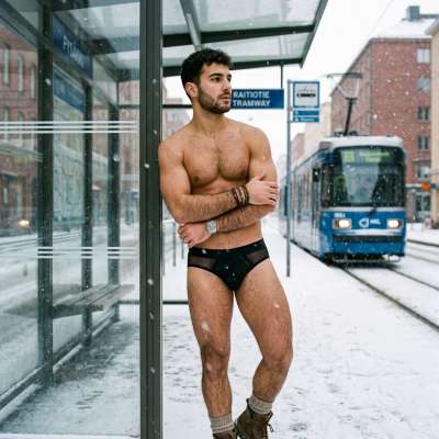 Every snowflake kisses his skin as he waits for the tram in just his underwear. Pure winter magic. #malebeauty #street #snow...