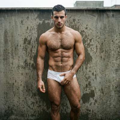 Rain-soaked confidence drips off him as he squeezes his package through those tight briefs. Pure, unfiltered male beauty in...