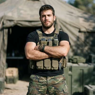 Every inch of him screams discipline and desire. A uniform that fits like a second skin, arms crossed to flex every muscle...