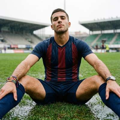 Rain-soaked footballer sits alone on the pitch, jersey clinging to his sculpted frame. Every drop highlights the raw power...