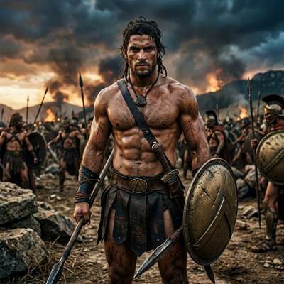 Spartan warrior in full battle gear, muscles glistening under the sun, ready to conquer both enemies and hearts. Pure...