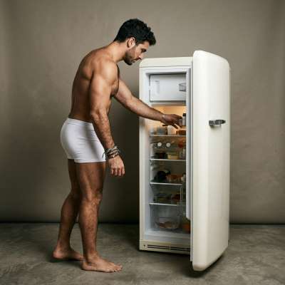 Every guy’s fridge moment: cold air, tight undies, and a glow-up in progress. 🔥 #malebeauty #kitchen #underwear #athlete