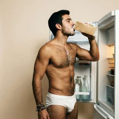 Sipping milk straight from the bottle, no shirt, no rules. 🥛🔥 #kitchen #underwear