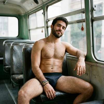 Riding the vintage bus in just his undies, every curve and confidence on full display. Pure male beauty in motion. #travel