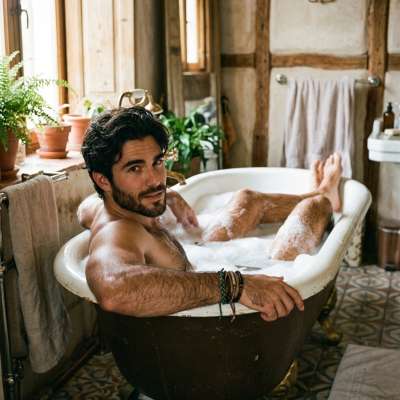 Every man’s wet dream: a stunning guy lounging in a bathtub, water dripping down his sculpted body. Pure art. Pure...