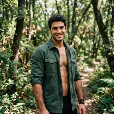 Celebrating the raw beauty of nature and masculinity. This stunning guy in a green jacket owns the forest with effortless...