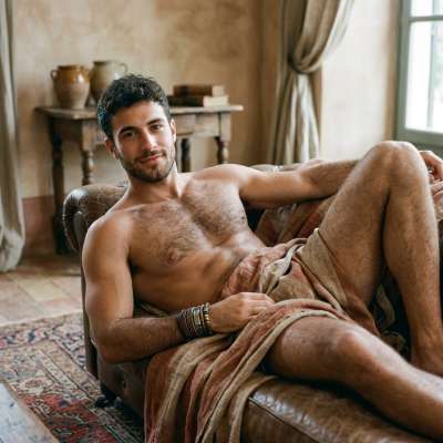 Every curve of his body is pure art. The way he lounges on the couch, confidence dripping like honey. Pure male beauty in...
