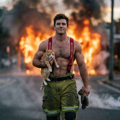 Hot Aussie firefighter saving a kitten from the flames 🔥🐱 Who needs a hero when you’ve got this? #street #firefighter #nature