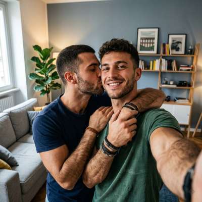 Hotter than the camera flash—two stunning guys capture the perfect selfie. 🔥 Who’s your favorite? #bedroom #couple #selfie