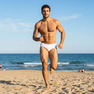 Every stride on the golden sand, pure confidence in motion. The ocean's rhythm meets the beat of his heart. #beach...