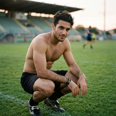 Every inch of him is pure art—knees bent, muscles flexing, the world watching. Football’s finest in a pose that screams...