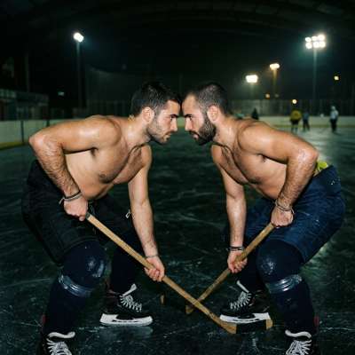 Face to face, intensity in the air. Hockey players locked in a moment of raw masculinity. Every detail screams power and...