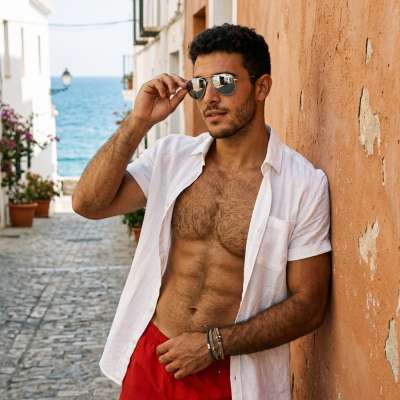 Every glance at this shot is pure temptation—shirt undone just enough to tease, sunglasses adding that irresistible mystery....