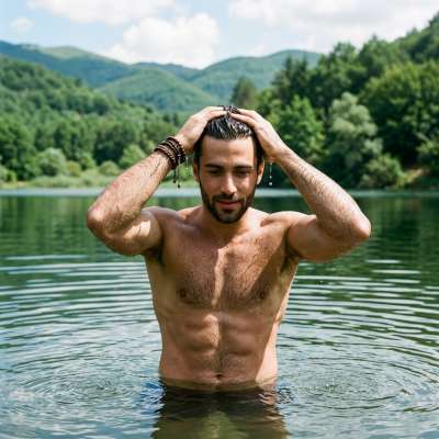 Dive into crystal-clear waters with this stunning shot of pure masculinity. Nature’s beauty meets raw charm in this...