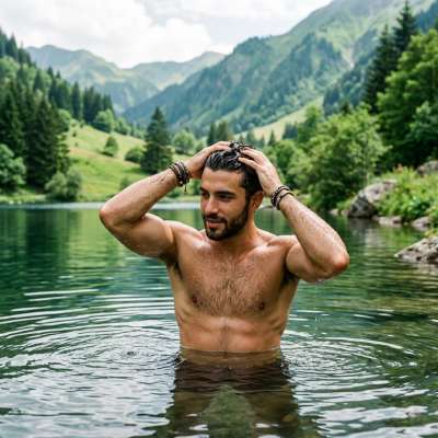 Every dip in the lake, every ripple on his skin—nature’s finest masterpiece. 🌊💙 #malebeauty #lake #nature #hairy