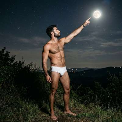 Moonlit glow on his skin, fingers pointing to the sky. Every curve, every shadow—pure art. 🌙✨ #malebeauty #nature #underwear