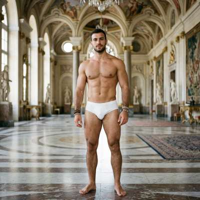 Strolling through a grand old building in just his briefs—because confidence is the best accessory. 😏🏛️ #malebeauty...