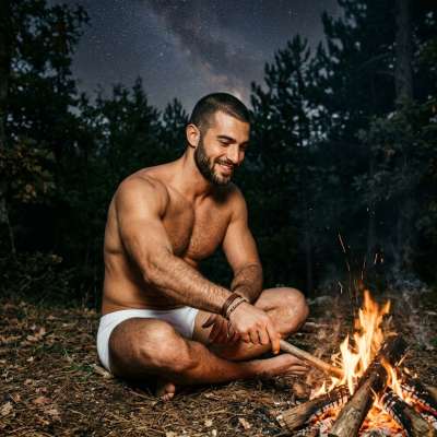 Embrace the wild heat of the forest—where every flicker of flame highlights the raw beauty of masculinity. #malebeauty...