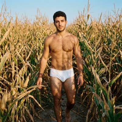 Golden sunlight dances on his skin as he strides through the wheat field, a vision of raw, untamed beauty. Nature’s perfect...