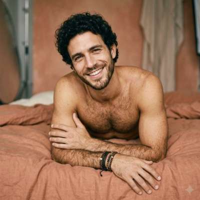 Celebrate the beauty of masculinity with this stunning shot of a smiling guy in bed. Pure charm, pure confidence....