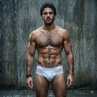 Rain-kissed skin, every drop a sparkle. Beauty thrives in every shade. #malebeauty #shower #underwear #wet