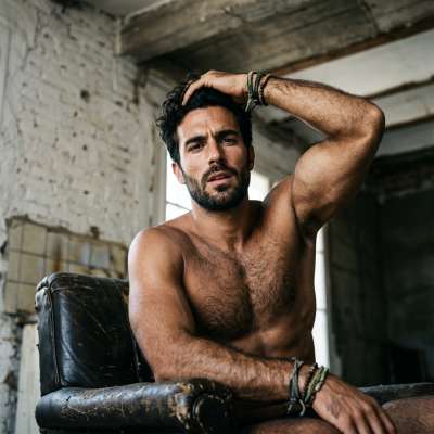 Every curve of his body tells a story—relaxed, confident, effortlessly stunning. The vintage chair just adds the perfect...