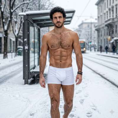 Frost-kissed streets, snowflakes dancing on sculpted skin. Every step a masterpiece. 🏳️‍🌈 #snow #street #underwear
