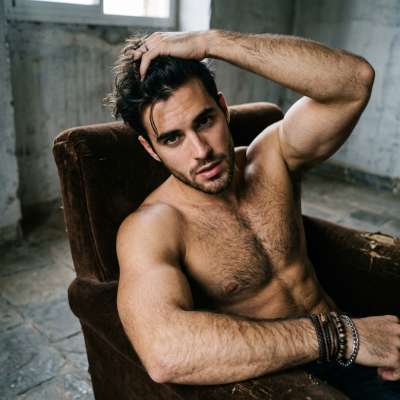 Every curve of his body fits the vintage chair like a masterpiece. Timeless elegance meets raw masculinity. #malebeauty...