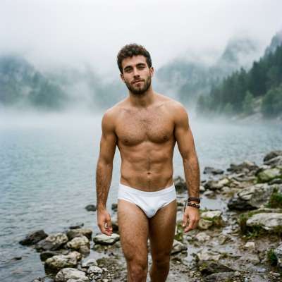 Foggy morning vibes: a stunning guy strolls by the lake in just his undies. Nature’s backdrop couldn’t be more perfect....