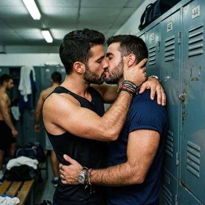 Flaunt your confidence with this electrifying moment of pure passion. Two gorgeous men lock lips in the locker room, proving...