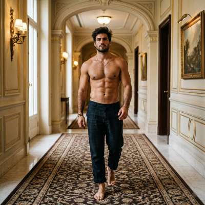 Sun-kissed skin glistening under golden lights, every step a slow reveal of strength and grace. The hallway’s elegance bows...