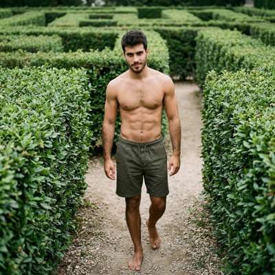 Every step he takes, pure art in motion. The maze just a stage for his sculpted glow. #nature #underwear