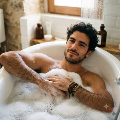 Soft candlelight dances on damp skin, steam curling around his shoulders as he sinks deeper into the warmth. Every curve,...