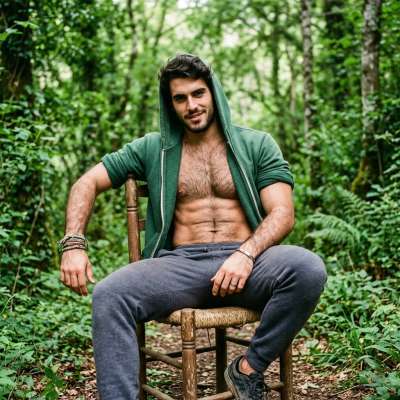 Embrace the raw beauty of the wild. A man, clad in a green hoodie, sits in a wicker chair amidst the woods, his chest bare...