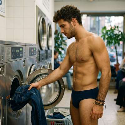 Nothing beats the casual confidence of a shirtless guy handling laundry like a pro. Pure effortless charm in action....