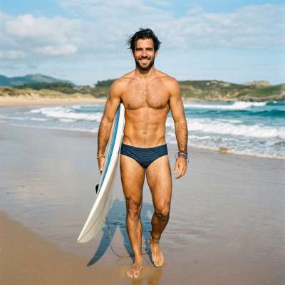 Sun-kissed waves & effortless confidence—this surfer’s beachside stride is pure, sun-soaked perfection. 🌊✨ #malebeauty...