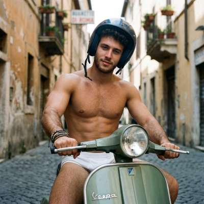 Riding through life’s streets in nothing but confidence—this shirtless Vespa rider is pure, effortless charm. 🛵✨ #malebeauty...
