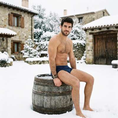 Winter’s raw beauty meets timeless charm—this Adonis perched on a rustic barrel in the snow is pure, effortless allure....