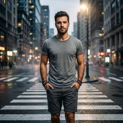 Confidence meets the city lights—effortless charm in every stride. 🌆 #malebeauty #street #athlete