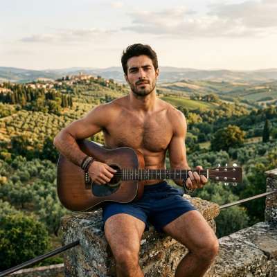 This rugged beauty strums his heart out against a breathtaking backdrop—effortless charm meets raw talent. Pure poetry in...