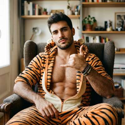 Confidence in stripes: when bold meets beauty. 🐯✨ #malebeauty #bedroom #underwear