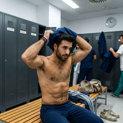 Confidence in every move—this nurse’s post-shift glow-up is pure art. 💙 #malebeauty #lockerroom