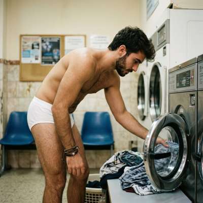 Nothing beats the raw confidence of a man bending over—even while handling laundry. Pure, effortless charm in action....